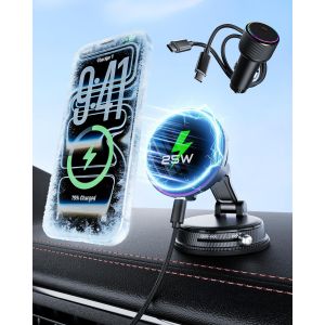 Qi2.2 25W Chargeur Voiture sans Fil, Support magn&eacute;tique pour t&eacute;l&eacute;phone avec Ventilateur et Adaptateur 45W, Support Ventouse Rotatif 360&deg;, Charge Rapide, Compatible MagSafe iPhone 17-12 - Neuf