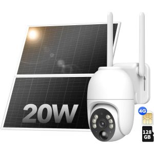 4G Lte Caméra De Surveillance Solaire Avec 128Go Carte Mémoire, Caméra Extérieur 2K No Wi-Fi Avec Panneau Solaire 20W Ptz Sans Fil Avec Batterie, Détecteur De Mouvement Pir, Imperméable Ip66 - Neuf