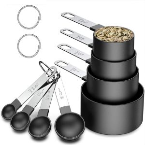 Cmws-Lot De 8 Tasses Et Cuillères À Mesurer Empilables Avec Poignée En Acier Inoxydable Pour Mesurer Les Ingrédients Secs Et Liquides Pour La Cuisine (Noir) - Neuf