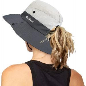 Asas-Chapeau De Pêche De Plage Pliable De Protection Uv Pour Femme En Maille À Large Bord Avec Trou De Queue De Cheval - Neuf