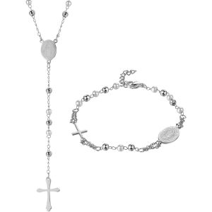 Eryi-Ensemble Collier Et Bracelet Femme:Collier Et Bracelet Perles En Acier Inoxydable Avec Pendentif Croix Et Médaillon Vierge Marie Religieux Catholiques - Cadeau Femme - Neuf