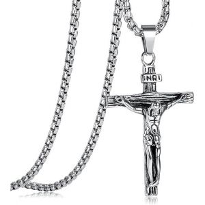 Collier Avec Pendentif Croix En Acier Inoxydable Pour Homme Et Femme, Chaîne Vénitienne, 61 Cm, Argent/Or/Noir, Bijou Religieux, Cadeau - Neuf