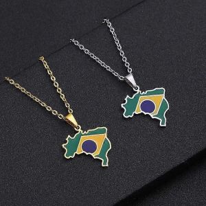 &Eacute;mail En Acier Inoxydable Br&eacute;sil Carte Et Drapeau Pendentif Collier Br&eacute;sil Cartes Ethnique Argent Couleur/Or Couleur F&ecirc;te Anniversaire Bijoux - Neuf