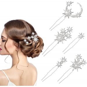 Meimie-Lot De 5 Barrettes À Cheveux Avec Strass, Étoile Et Lune, Cristaux Étincelants, Postiches De Mariée, Étoile, Lune, Accessoires De Coiffure Pour Femmes Et Filles (Argenté) - Neuf