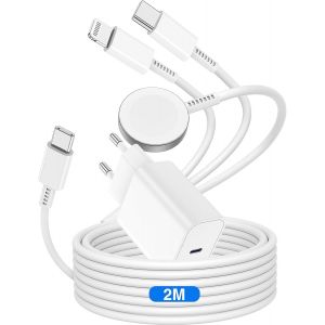Cmwx-C&acirc;ble De Charge 3 En 1 Pour Apple Watch Et Iphone, 20 W Usb C, Avec C&acirc;ble De 2 M, Chargeur Rapide De Type C, Pour Iwatch Series Ultra 2/Ultra/10/9/8/7/3/Iphone 16/15/14/13/12/11 - Neuf
