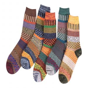 5 Paires Automne Hiver Chaussettes Nordiques Tricoté Épais Bidirectionnel Coloré Patten Crew Chaussettes Hommes Femmes - Neuf