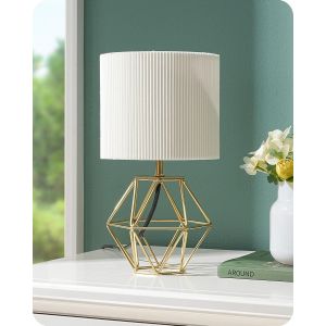 Kal-Lampe De Chevet Avec Ampoule Led E14, 2700k Lumière Chaude, Abat-Jour Ivoire Plissé, Base Métallique Dorée En Forme De Diamant, Design Élégant Et Moderne Pour Chambre, Salon, Hôtel - Neuf