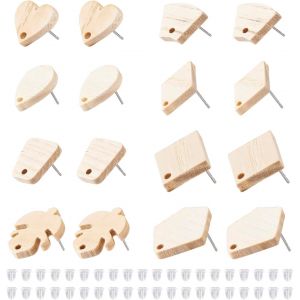 Kal-32 Pièces De Boucles D'oreilles En Bois De Frêne Avec 40 Écrous D'oreille En Plastique : Trapèze, Losange, Goutte, Pentagone, C?ur, Feuille, Éventail - Neuf