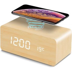 R&eacute;veil Num&eacute;rique Bois avec Chargeur sans Fil, R&eacute;veil Num&eacute;rique en Bois avec Affichage LED de l'Heure, de la Temp&eacute;rature, Contr&ocirc;le Sonore pour Bureau de Chambre (Bambou) - Neuf