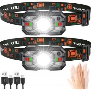 Jgd-Lot De 2 Lampes Frontales Led Rechargeables, Super Lumineuses De 2000 Lm, Autonomie De 20 Heures, 5 Modes, Lampe Frontale R&eacute;glable Avec D&eacute;tecteur De Mouvement, Phare &Eacute;tanche Avec Lumi&egrave;re Rouge Po - Neuf