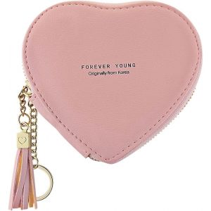 CAUC-Funincrea Porte Monnaie Femme, Mini Porte Monnaie en Cuir PU Sac &agrave; Monnaie avec Fermeture &Eacute;clair, Petite Pochette &agrave; Monnaie en Forme de Coeur avec Porte-Cl&eacute;s pour Ranger la Monnaie (Rose) - Neuf