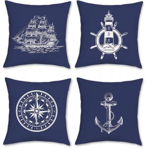 Cauc-Housse De Coussin Nautique Maritime 50 X 50 Cm Double Face Ancre Boussole Polyester Lin D&eacute;coratif Bleu Taie D'oreiller Pour Salon Maison Ext&eacute;rieur D&eacute;coration 4 Pi&egrave;ces - Neuf
