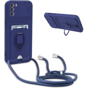 Eryi-Coque Avec Cordon Pour Motorola Moto G51,Collier Pour Étui Colliers De Cellulaire Réglable Corde Silicone Souple Case,Protection De La Caméra,Support,Porte Cartes - Bleu - Neuf
