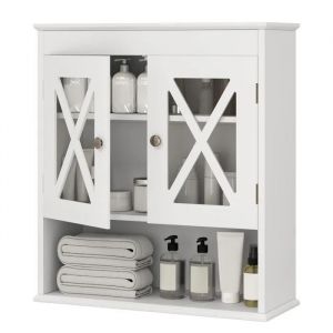 Costway Armoire De Salle De Bain Murale Avec 2 Portes En Acrylique, Étagère Ajustable Et Compartiment Ouvert, 20x54x60cm, Blanc - Neuf