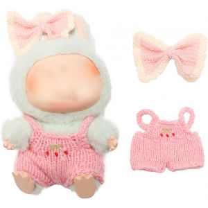 KALANKA-Accessoires Vêtements Poupée, Crochet Artisanal Salopette et Pince à N?ud Ensemble Tenues Mignonnes Vêtements Tendance pour Poupées en Peluche 15cm Assises et 17cm Debout Cadeaux (sans Poupée - Neuf