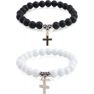 Kal-Bracelet De Perles En Forme De Croix, Bracelet Chrétien Élastique Noir Et Blanc, Bracelet Réglable Avec Croix De Jésus Pour Homme Et Femme, Bijoux Cadeaux, 18.5 Centimeters, Pierre - Neuf