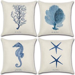(Bleu) Lot De 4 Taies D'oreiller, Draps Et Polyester Pour Voiture, Housse De Coussin Canapé-Lit, Décoration Intérieure, 45 X 45 Cm (Étoile De Mer/Corail) - Neuf