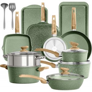 Subzonal-17 Pi&egrave;ces Po&ecirc;les Et Casseroles &Agrave; Induction Rev&ecirc;tement En Granit Antiadh&eacute;sive Batterie De Cuisine &Agrave; Induction, Cuisini&egrave;res Non Toxique Avec Couvercles En Verre (Vert, 17 Pi&egrave;ces) - Neuf