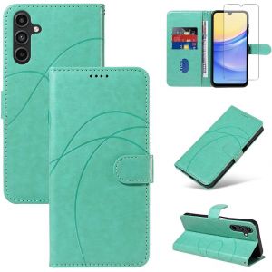 Kal-Coque Pour Samsung Galaxy A15 4g / 5g Avec 1 Pièce Protection Écran En Verre Trempé, Housse Pu Cuir À Rabat Flip, Étui Support Et Portefeuille Fonction (Vert) - Neuf