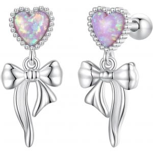 Kal-Boucles D'oreilles Opales Pour Femme Argent 92 Boucles D'oreilles Noeud Et Clous Diable Avec 5 Mm Coeur Simulation Opale Zirconium Anniversaire No&euml;l Bijoux Cadeau - Neuf