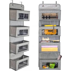 CAUC-Organisateur Suspendu sur Porte, étagère de Rangement avec 4 Compartiment, Meuble de Rangement en Tissu, Organisateur de Stockage de tenture Murale pour la Garde-Robe, Gris-Blanc - Neuf