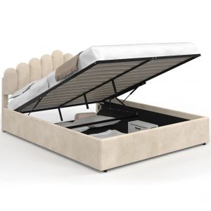 Lit coffre double NOELIE avec t&ecirc;te de lit et sommier 160 x 200 cm velours beige - Neuf