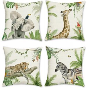 Cauc-Housse De Coussin Animaux Tropicaux 45 X 45 Cm &Eacute;l&eacute;phant Girafe L&eacute;opard Z&egrave;bre D&eacute;coratif Taie D'oreiller Pour Canap&eacute; Maison Jardin Ext&eacute;rieur &Eacute;t&eacute; D&eacute;coration 4 Pi&egrave;ces - Neuf