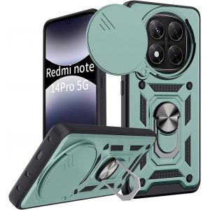 Kal-Coque Anneau Pour Xiaomi Redmi Note 14 Pro 5g / Poco X7 5g Avec Lentille Coulissante Couverture, Étui Support 360 Rotatif Militaire Armor Antichoc Anti-Rayures, Vert - Neuf