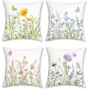 CAUC-Housse de Coussin Fleurs 45 x 45 cm Jardin Fleurs Papillons Color&eacute; D&eacute;coratif Taie d'oreiller pour Canap&eacute; Salon Chambre Chaise Jardin Maison D&eacute;coration 4 Pi&egrave;ces - Neuf