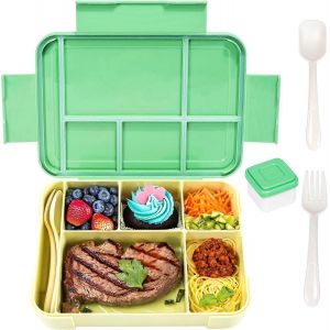 Boîte à lunch pour enfants avec compartiments Boîte à lunch de 1330 ml pour enfants Boîte à goûter étanche avec 6 compartiments Couverts allant au micro-ondes (bleu/jaune) - Neuf