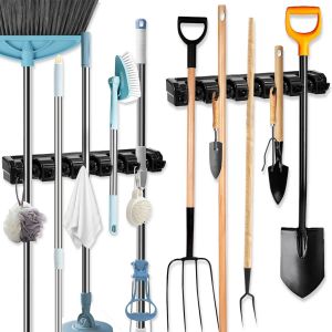 JEXNOVASHOP-2 Pi&egrave;ces Accroche Balai Mural,Porte-Balais Muraux avec 10 Emplacements et 12 Crochets &iquest; Support Mural pour Balais, Outils de Jardin et Garage &iquest; Rangement Outils Jardin et Maison - Neuf