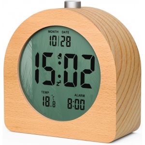 R&eacute;veil Num&eacute;rique En Bois R&eacute;veil Matin Multifonctions Horloge Num&eacute;rique Lcd Sans Tic-Tac Avec Fonction Snooze, Affiche La Date Et La Temp&eacute;rature, R&eacute;tro-&Eacute;clairage Chaud, 12/24H (Bois Brut) - Neuf