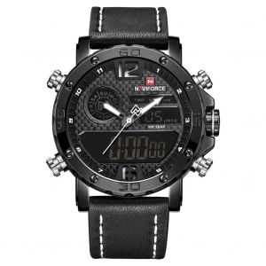 Montre-Bracelet Electronique Tendance Naviforce Pour Homme, Etanche, Avec Bracelet En Pu (Boitier Noir Et Blanc) - Neuf