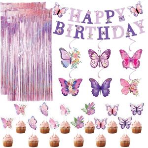 Letnerny-D&eacute;coration D'anniversaire Pour Fille - Papillons Violets - D&eacute;coration De G&acirc;teau - Rideaux - Films &Agrave; Franges - Fond Pour Femmes Et Filles - D&eacute;coration De F&ecirc;te D'anniversaire - Neuf