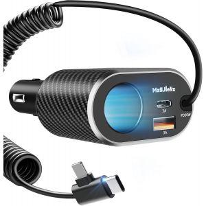 5 in 1 Chargeur Voiture, 145W Allume Cigare USB C avec C&acirc;ble Spiral&eacute; Type C Charge Rapide Compatible avec iPhone 17 16 15 14 13 iPad Samsung Galaxy GPS Accessoire Voiture - Neuf