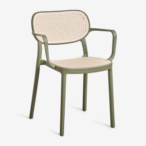 Pack de 2 chaises de salle &agrave; manger empilables avec accoudoirs en polypropyl&egrave;ne Omara Vert Olive Intense - Neuf