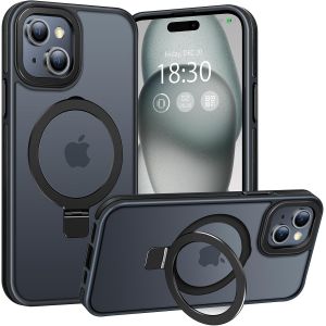 LORANKA-pour iPhone 15 Coque Anneau de Support Magn&eacute;tique Robuste Invisible, Coque Militaire Translucide Givr&eacute;e, R&eacute;sistante aux Chocs, aux Rayures et aux Empreintes Digitales (Noir) - Neuf