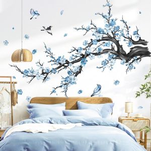ERYI-Stickers Muraux Branche De Fleurs Bleu Autocollant Mural Floral Arbre Aquarelle Oiseaux Décoration Murale Chambre Enfants Bébé Salon Tv Mur - Neuf