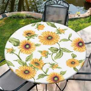 SJZG-Nappe Ronde D'Ext&eacute;rieur Avec &Eacute;lastique 36In&iquest;90Cm&iquest;- Nappe De Jardin &Eacute;lastique Motif Joyeux Tournesol Convient Aux Tables De 75 &Agrave; 85 Cm De Large - Neuf