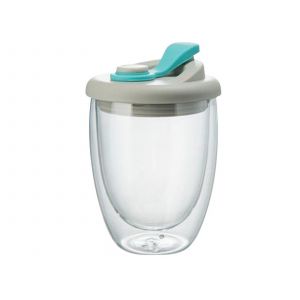 Mug Isotherme En Verre &Agrave; Double Paroi De 250 Ml Avec Couvercle - Bleu - Neuf
