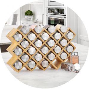Support À Épices En Bambou Pour Armoire De Cuisine Et Plan De Travail Composé De 27 Pots À Épices Et Pots À Étiquettes En Acier Inoxydable 304[App8809997] - Neuf