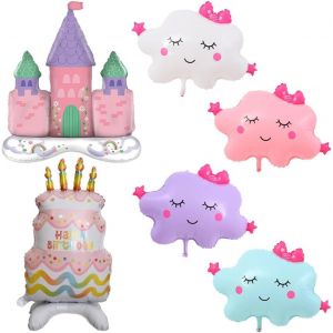 Lot De 6 Ballons « Happy Birthday » - Château À L'Hélium - En Forme De Gâteau - En Forme De Nuage - En Mylar - Pour Fille - Pour Fête D'Anniversaire,Douche Prénatale,Anniversaire De Mariage - - Neuf
