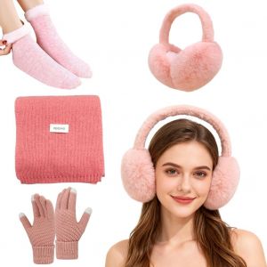 Ensemble Hiver Polaire Bonnet Tricot&eacute; Gants Chaussettes Neige Bonnet Tricot&eacute; Avec Pompon Rose Bordure Fourrure Renard, Cache-Cou Pour Plus Chaleur - Neuf