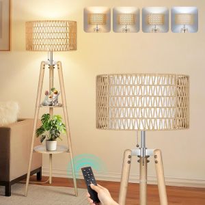 Lampadaire Trepied Bois Dimmable, Lampe Sur Pied Soutien 4 Temperatures De Couleur Et Fonction Memoire, Lampadaire Rotin Etagere Avec Abat-Jour En Lin, Pour Salon Et Chambre A Coucher (Bois) - Neuf