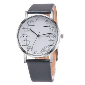 Lot De 2 Montres &Agrave; Quartz En Cuir &Agrave; Motif Chat Pour Femme - Noir - Neuf