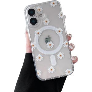 SJZG-Coque Magn&eacute;tique Pour Iphone 16, &Eacute;tui Souple Transparent Avec Motif Fleurs [Compatible Avec Magsafe Charge Sans Fil], Coque Protecteur R&eacute;sistant Pour Iphone 16 6,1""- Marguerite - Neuf