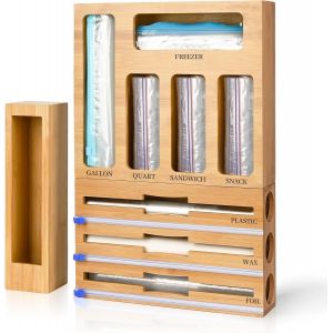 Organiseur En Feuille De Bambou Et Plastique Avec Cutter,Organiseur De Sac À Fermeture Éclair Avec Cutter Pour Tiroir De Cuisine,Distributeur Compatible Avec Les Sacs De Tailles Variées - Neuf