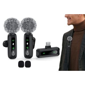 Microphone cravate sans fil pour Android, Apple, tablette et PC - Port&eacute;e de 20 m, r&eacute;duction du bruit, chargement USB-C - Neuf