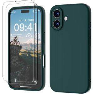 KALANKA-3 en 1 Coque pour per iPhone 16 Silicone Liquide 6.1"" avec 2 Verre Trempé, Étui Protection Précise de Caméra [Résistant aux Rayures] [Antidérapant] iPhone 16 Case, Vert Foncé - Neuf