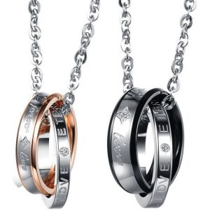2 Pcs Collier Couple Personnalis&eacute; Pendentif Anneau Bague Entrelac&eacute; En Acier Inoxydable + Zircon Pour Homme Et Femme Ou Couples - Le Symbole De L'amiti&eacute;,Cadeau Saint Valentin - Neuf